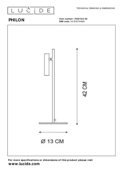 Lucide PHILON - Lampe de bureau - Ø 13 cm - LED Dim. - 1x4,5W 3000K - Noir - technique